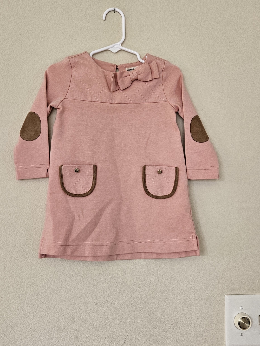 Girls' Pink Long-Sleeve Bow-Accent Casual Dress with Pocket Trim